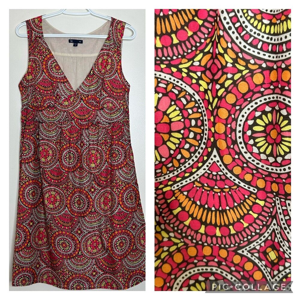 y2k Gap Multicolor Medallion Pattern Silk Blend Sundress Size 10 V-Neck Lined